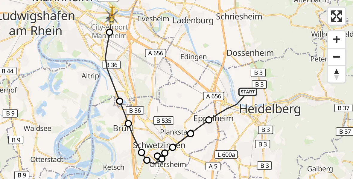 Flugroute Rettungshubschrauber Heidelberg - Mannheim-City Flughafen, 10 September 2026, 14:09