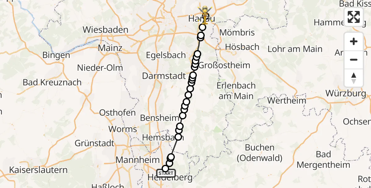 Flugroute Ambulanzhubschrauber Heidelberg - Hanau Feuerwehr Notfall-Hubschrauberlandeplatz, 10 September 2026, 14:13