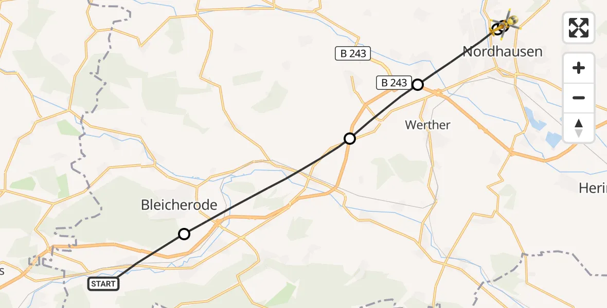 Flugroute Rettungshubschrauber Sollstedt - Südharz Hospital Nordhausen, 10 September 2026, 14:14