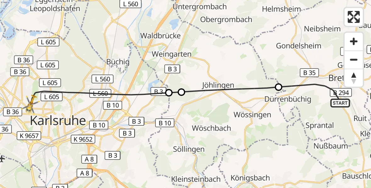 Flugroute Ambulanzhubschrauber Bretten - Karlsruhe, 10 September 2026, 14:22