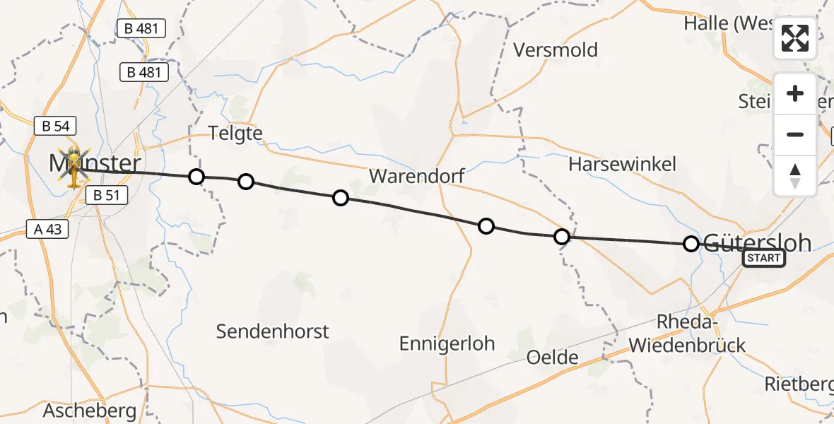 Flugroute Rettungshubschrauber Gütersloh - Münster, 10 September 2026, 14:29