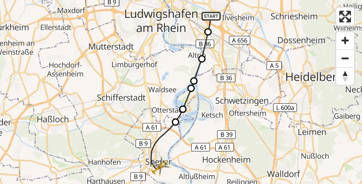 Flugroute Rettungshubschrauber Mannheim-City Flughafen - Speyer, 10 September 2026, 14:43
