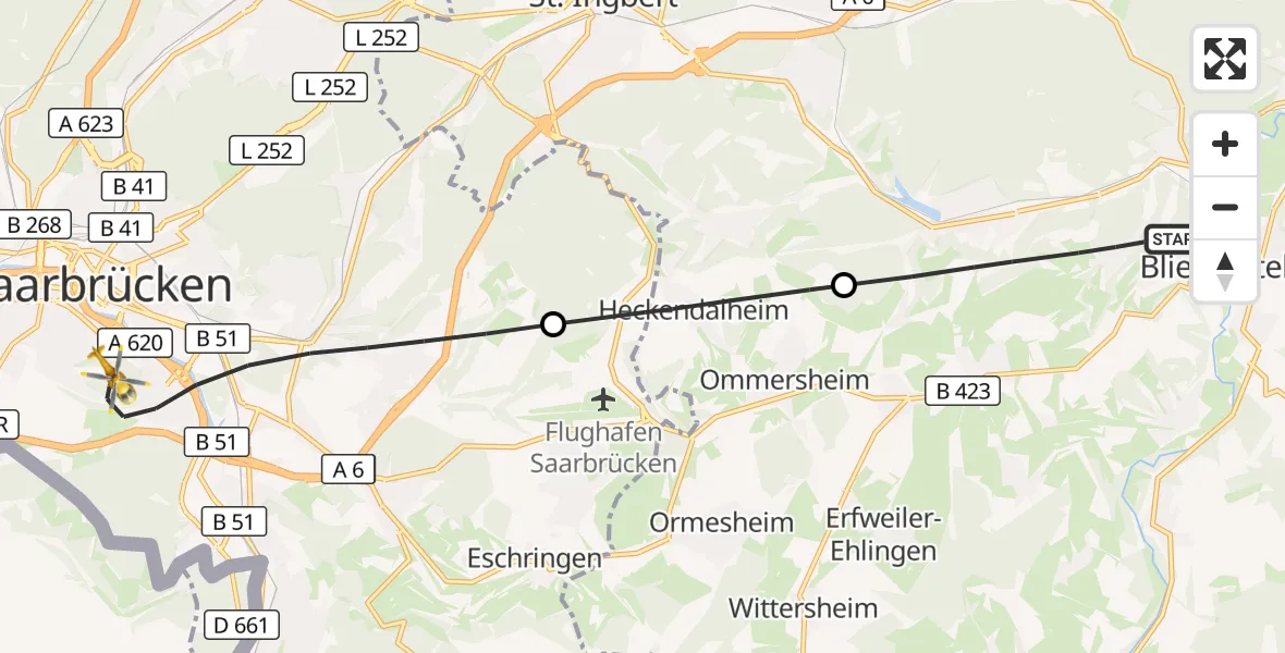 Flugroute Rettungshubschrauber Blieskastel - Saarbrücken, 10 September 2026, 14:48