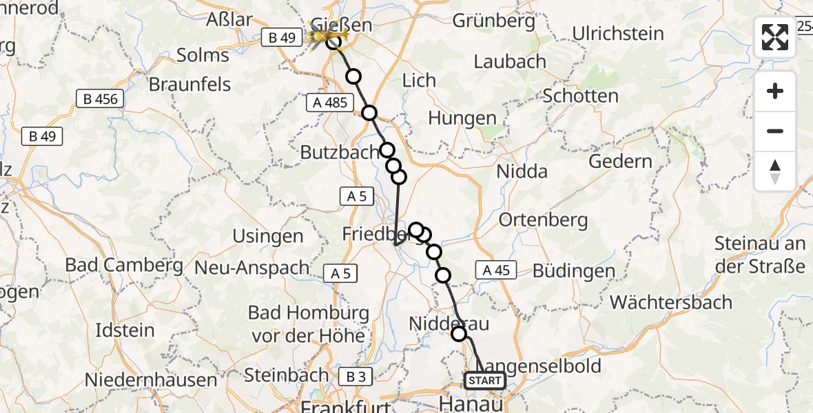 Flugroute Ambulanzhubschrauber Bruchköbel - Gießen, 10 September 2026, 14:51