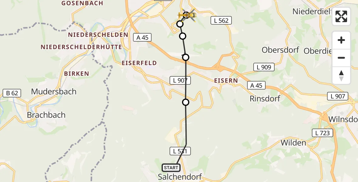 Flugroute Rettungshubschrauber Neunkirchen - Evangelisches Jung-Stilling Hospital, 10 September 2026, 14:53