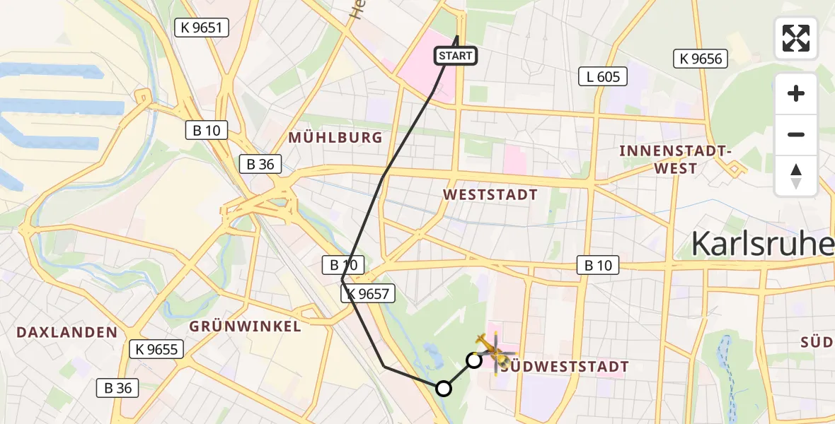 Flugroute Ambulanzhubschrauber Karlsruhe - Sankt Vincentius Hospital, 10 September 2026, 14:57