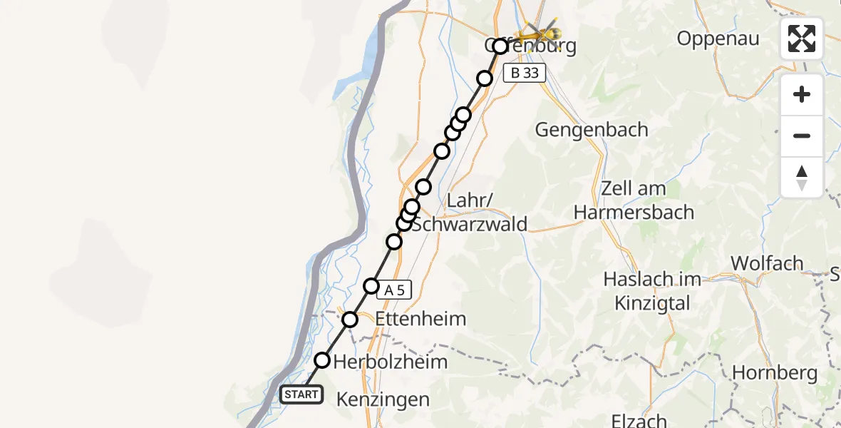 Flugroute Rettungshubschrauber Weisweil - Offenburg, 10 September 2026, 15:35