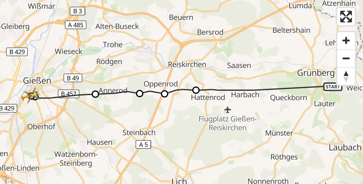 Flugroute Rettungshubschrauber Grünberg - Gießen University Hospital, 10 September 2026, 15:44