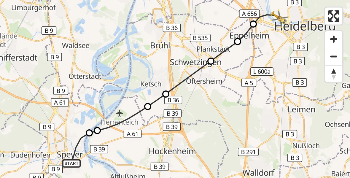 Flugroute Rettungshubschrauber Speyer - Heidelberg, 10 September 2026, 15:46