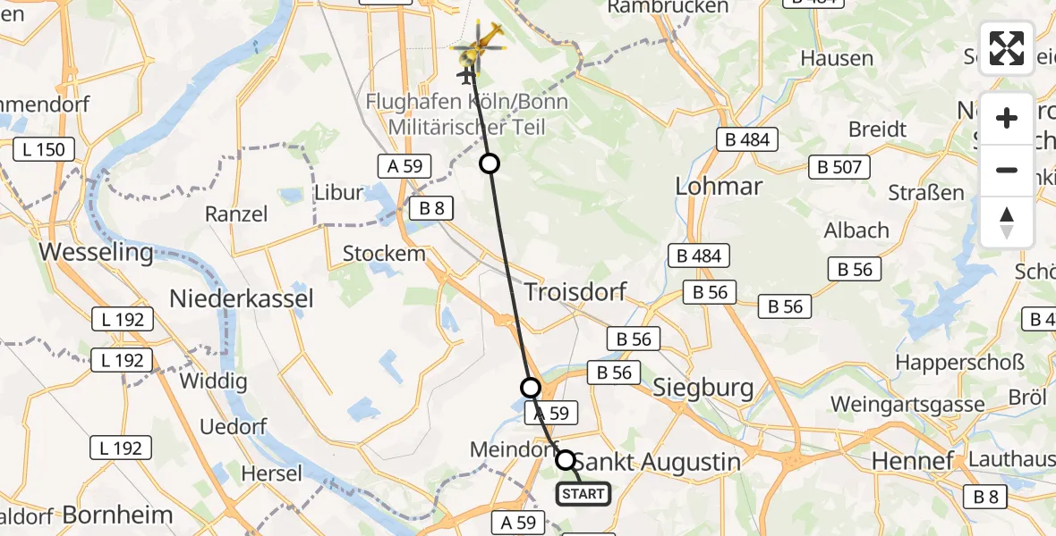 Flugroute Ambulanzhubschrauber Bonn-Hangelar Flugplatz - Köln Bonn Flughafen, 10 September 2026, 15:51