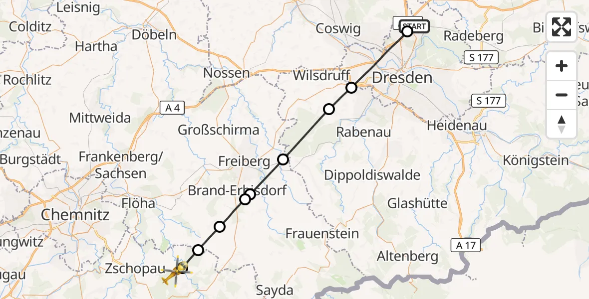Flugroute Rettungshubschrauber Dresden Flughafen - Pockau-Lengefeld, 10 September 2026, 16:03