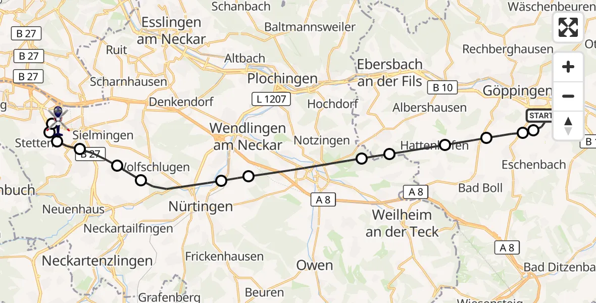 Flugroute Polizeihubschrauber Göppingen - Flughafen Stuttgart, 10 September 2026, 16:04