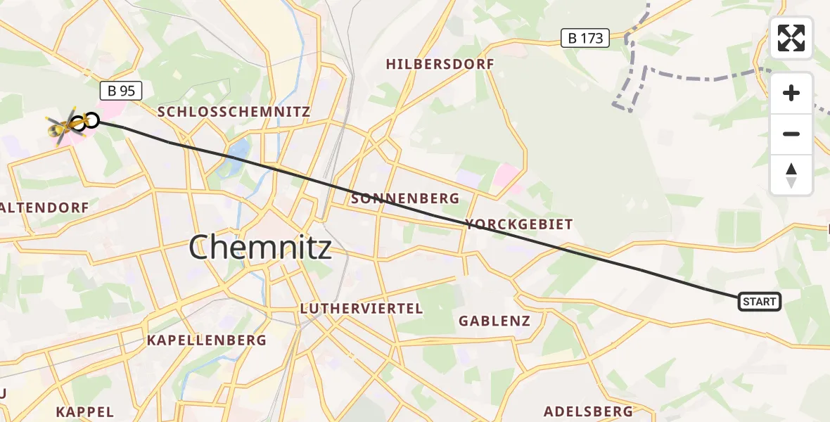 Flugroute Rettungshubschrauber Chemnitz - Flemmingstraße Hospital Rooftop, 10 September 2026, 16:05