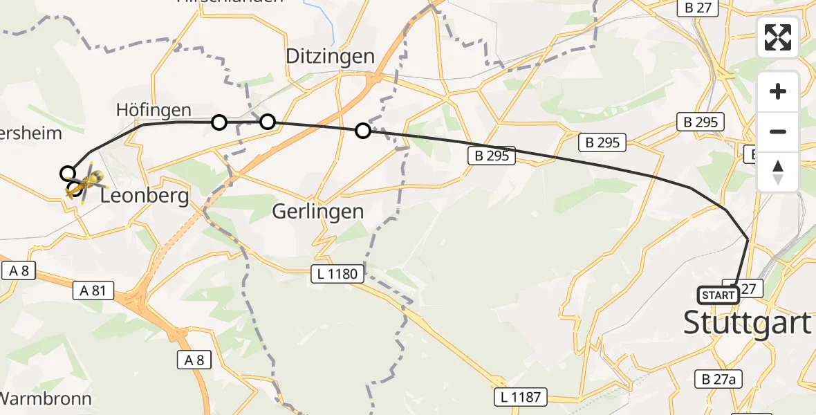Flugroute Rettungshubschrauber Stuttgart - Leonberg Hospital, 10 September 2026, 16:10
