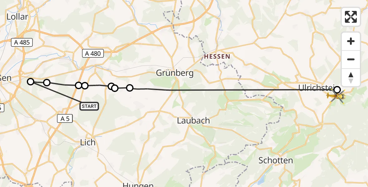 Flugroute Rettungshubschrauber Fernwald - Ulrichstein, 10 September 2026, 16:22