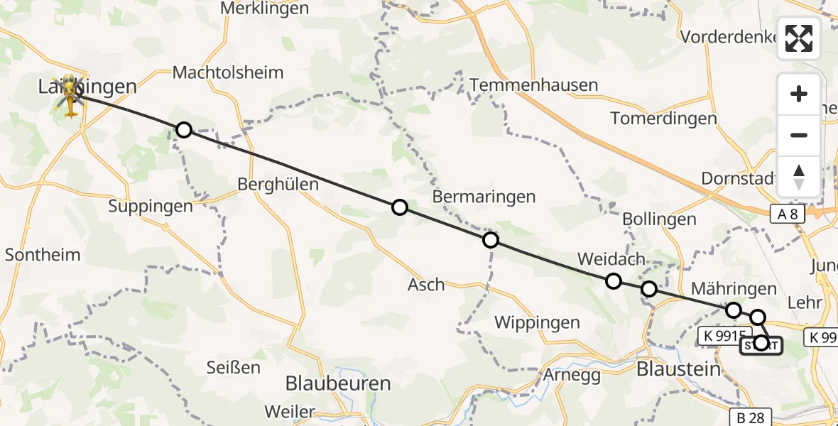 Flugroute Rettungshubschrauber Ulm Military Hospital Emergency - Laichingen, 10 September 2026, 16:24