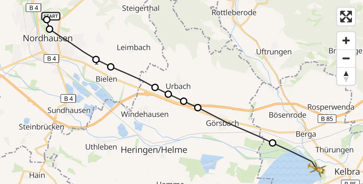 Flugroute Rettungshubschrauber Südharz Hospital Nordhausen - Kelbra (Kyffhäuser), 10 September 2026, 16:26