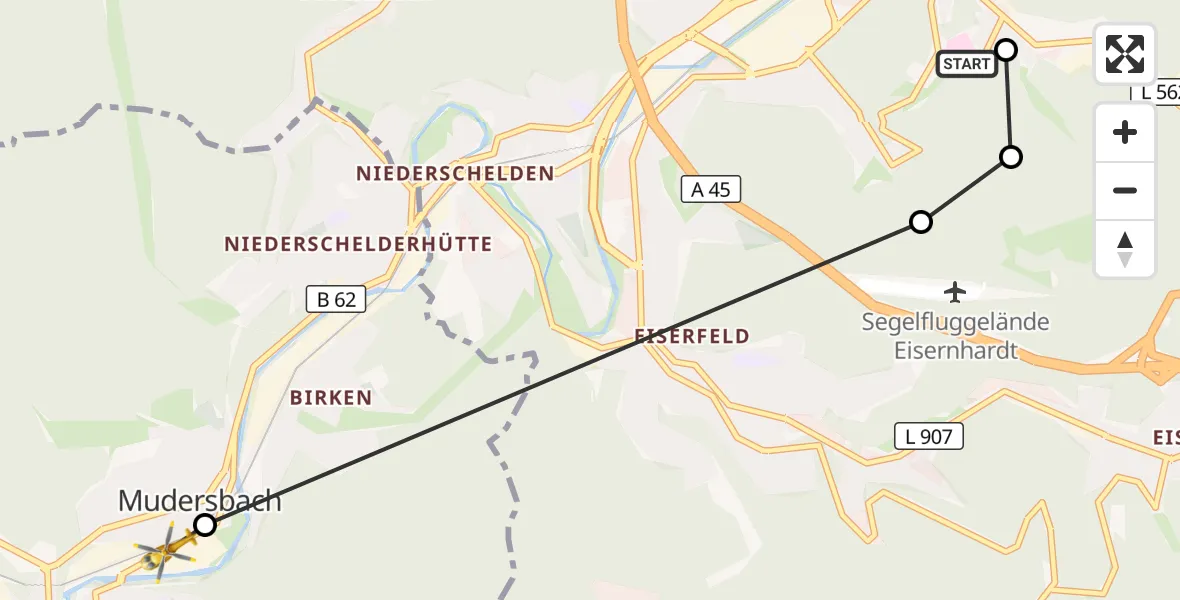 Flugroute Rettungshubschrauber Evangelisches Jung-Stilling Hospital - Mudersbach, 10 September 2026, 16:48