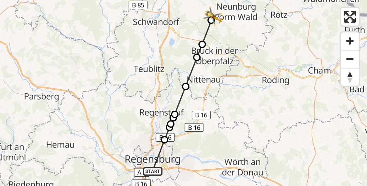 Flugroute Rettungshubschrauber Regensburg - Neunburg vorm Wald, 10 September 2026, 16:51