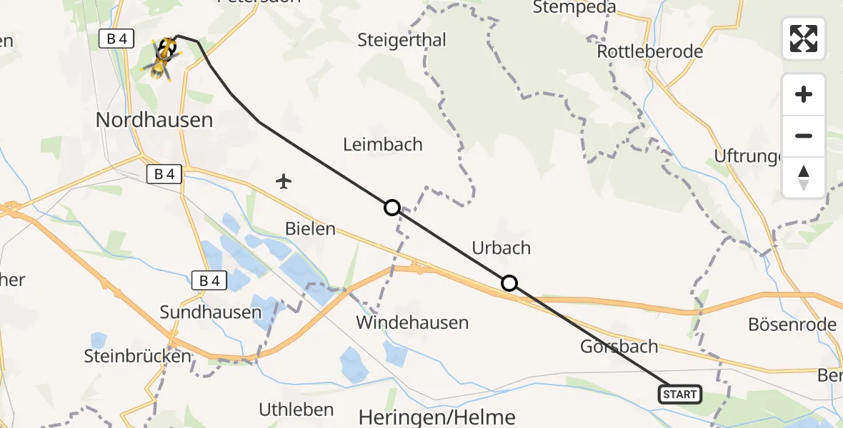 Flugroute Rettungshubschrauber Görsbach - Südharz Hospital Nordhausen, 10 September 2026, 17:05