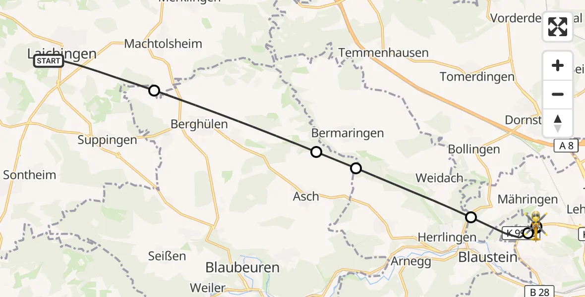 Flugroute Rettungshubschrauber Laichingen - ADAC Air Rescue Station Ulm (Christoph 22), 10 September 2026, 17:29