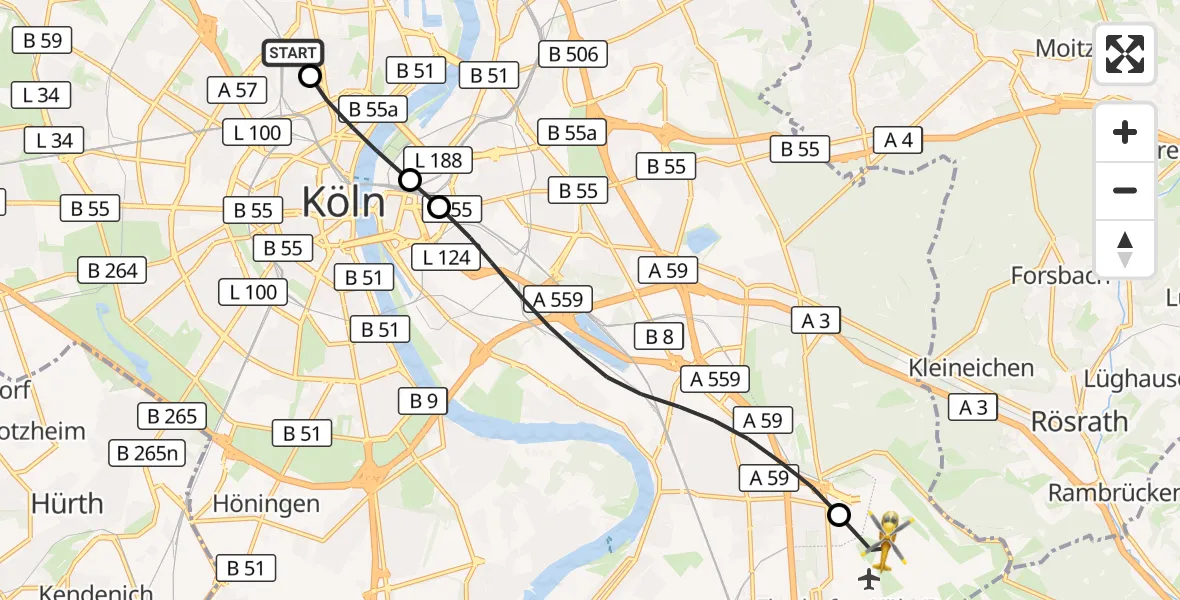 Flugroute Rettungshubschrauber Sankt Vinzenz Hospital - Köln Bonn Flughafen, 10 September 2026, 17:40