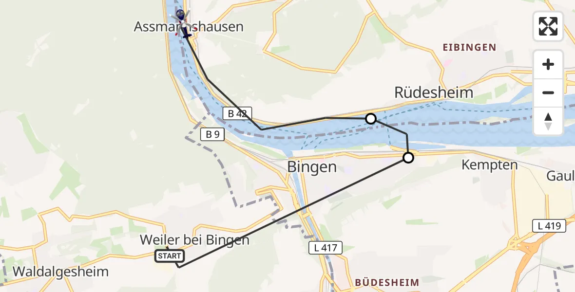 Flugroute Polizeihubschrauber Weiler bei Bingen - Rüdesheim am Rhein, 10 September 2026, 17:42