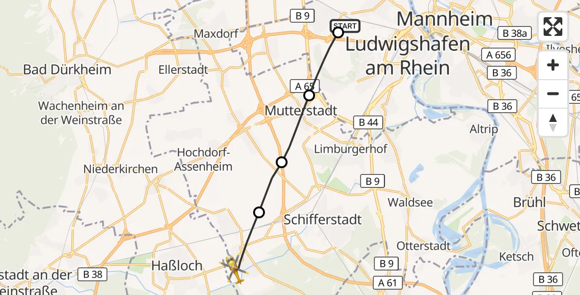 Flugroute Rettungshubschrauber Ludwigshafen Accident Hospital - Böhl-Iggelheim, 10 September 2026, 17:47
