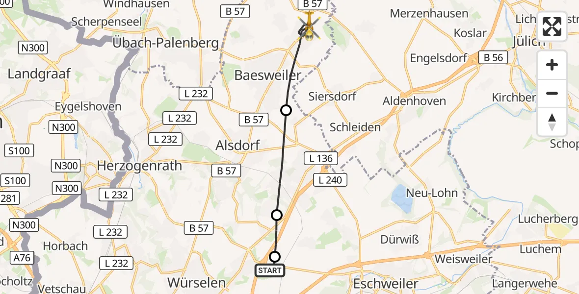 Flugroute Rettungshubschrauber Aachen-Merzbrück Flughafen - Baesweiler, 10 September 2026, 17:56