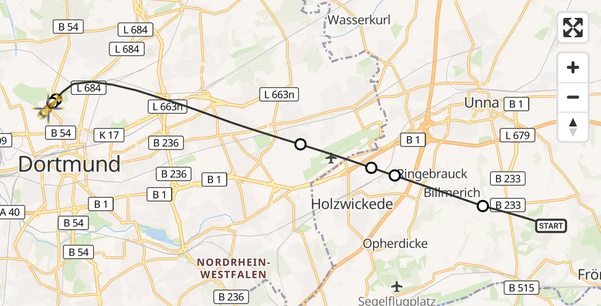 Flugroute Rettungshubschrauber Fröndenberg/Ruhr - Dortmund Hospital North, 10 September 2026, 18:14