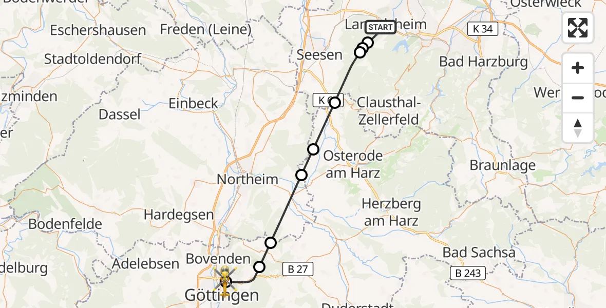 Flugroute Rettungshubschrauber Langelsheim - Göttingen University Clinic Hubschrauberlandeplatz, 10 September 2026, 18:16