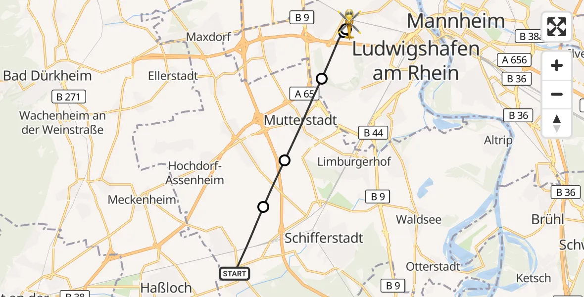 Flugroute Rettungshubschrauber Böhl-Iggelheim - Ludwigshafen Accident Hospital, 10 September 2026, 18:18