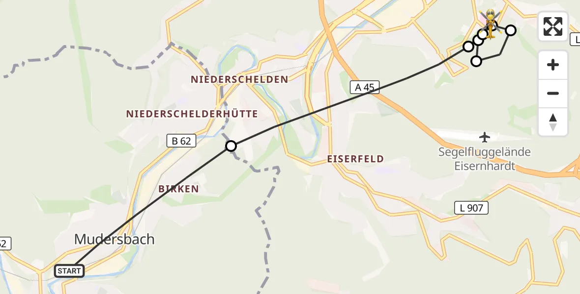 Flugroute Rettungshubschrauber Mudersbach - Evangelisches Jung-Stilling Hospital, 10 September 2026, 18:35