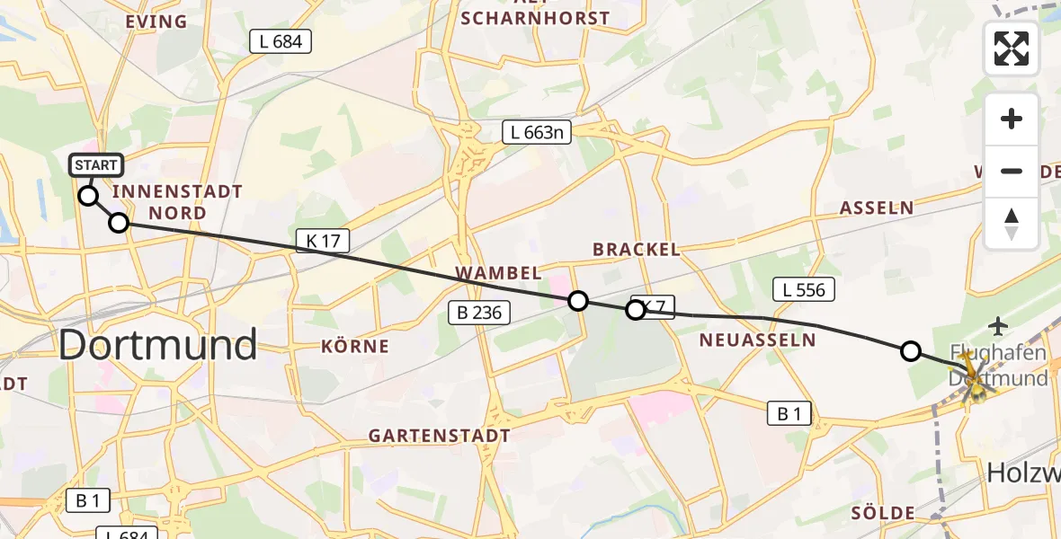 Flugroute Rettungshubschrauber Dortmund Hospital North - Dortmund Flughafen, 10 September 2026, 18:45