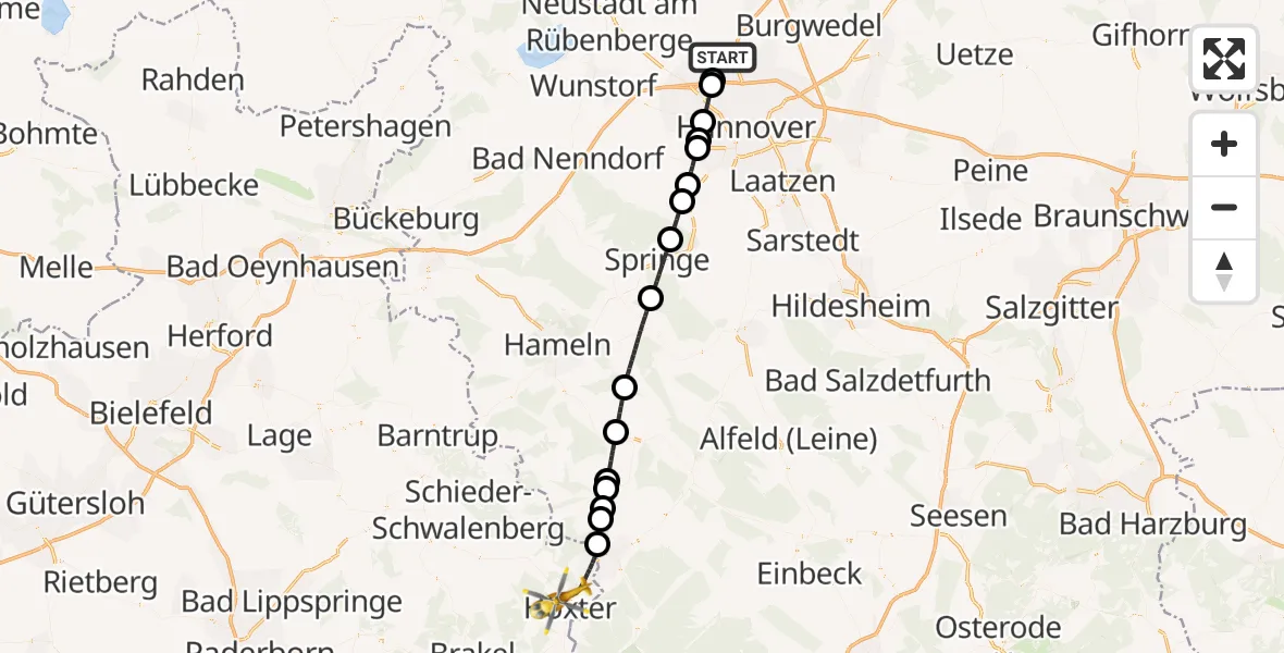 Flugroute Rettungshubschrauber Flughafen Hannover - Höxter, 10 September 2026, 19:00