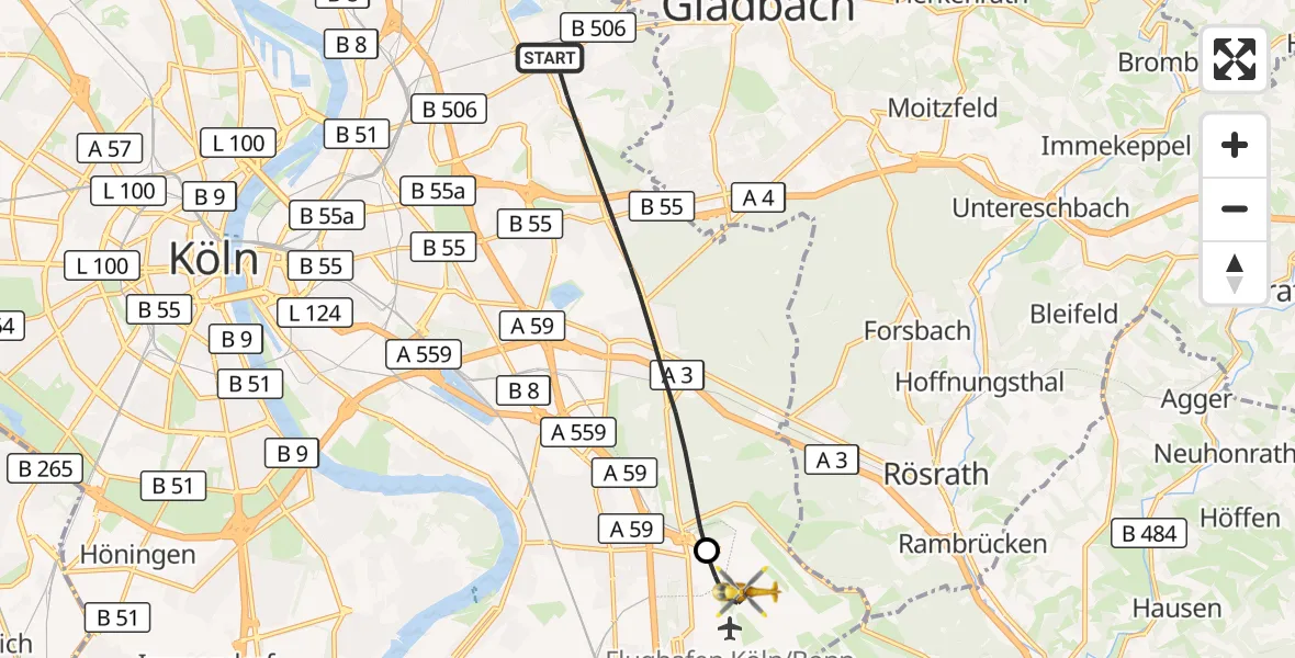 Flugroute Ambulanzhubschrauber Köln - Köln Bonn Flughafen, 10 September 2026, 19:17