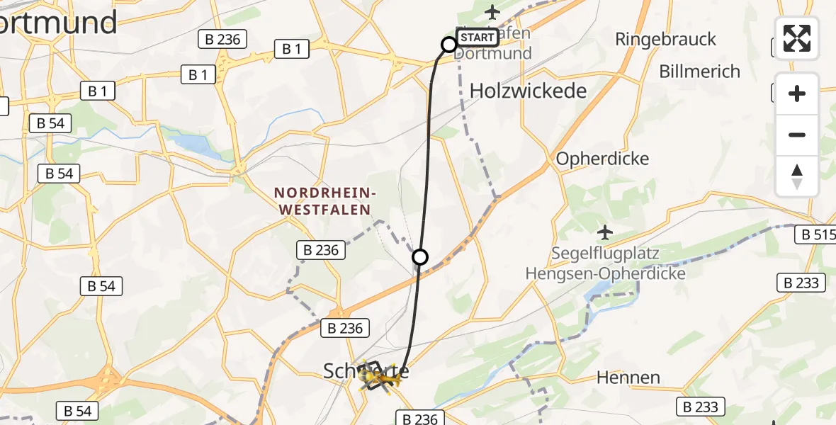Flugroute Rettungshubschrauber Dortmund Flughafen - Schwerte, 10 September 2026, 19:40