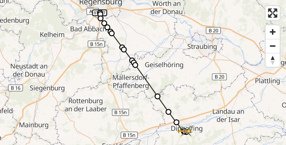 Flugroute Rettungshubschrauber DRF Air Rescue Station Regensburg / Regensburg University Hospital - DonauIsar Hospital Dingolfing, 10 September 2026, 19:46