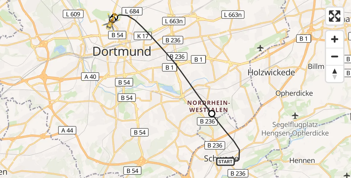 Flugroute Rettungshubschrauber Schwerte - Dortmund Hospital North, 10 September 2026, 20:10