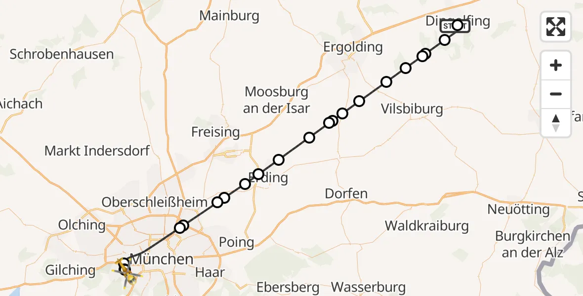 Flugroute Rettungshubschrauber DonauIsar Hospital Dingolfing - DRF Air Rescue München Hubschrauberlandeplatz, 10 September 2026, 20:50
