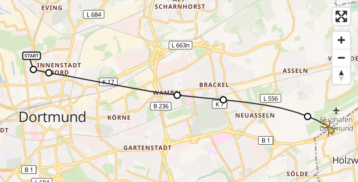 Flugroute Rettungshubschrauber Dortmund Hospital North - Dortmund Flughafen, 10 September 2026, 21:00