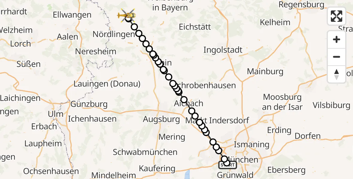 Flugroute Rettungshubschrauber DRF Air Rescue München Hubschrauberlandeplatz - Oettingen i.Bay., 10 September 2026, 21:43