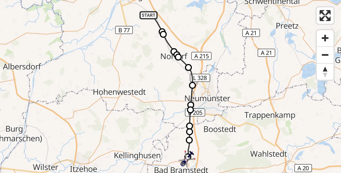 Flugroute Polizeihubschrauber Emkendorf - Bad Bramstedt Hubschrauberlandeplatz, 10 September 2026, 22:14