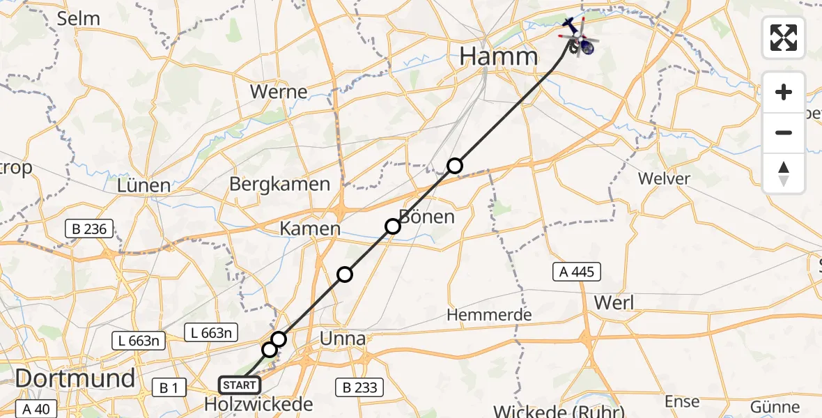 Flugroute Polizeihubschrauber Dortmund Flughafen - Hamm, 10 September 2026, 22:25