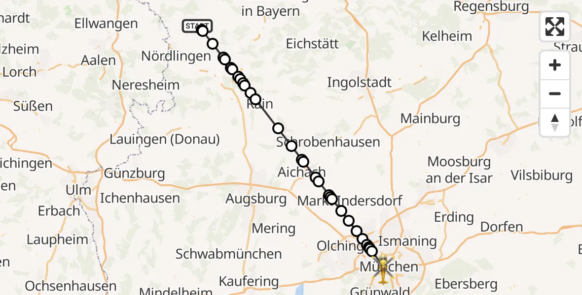 Flugroute Rettungshubschrauber Oettingen i.Bay. - München, 10 September 2026, 22:46
