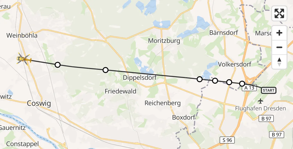 Flugroute Rettungshubschrauber Dresden Flughafen - Weinböhla, 11 September 2026, 06:36