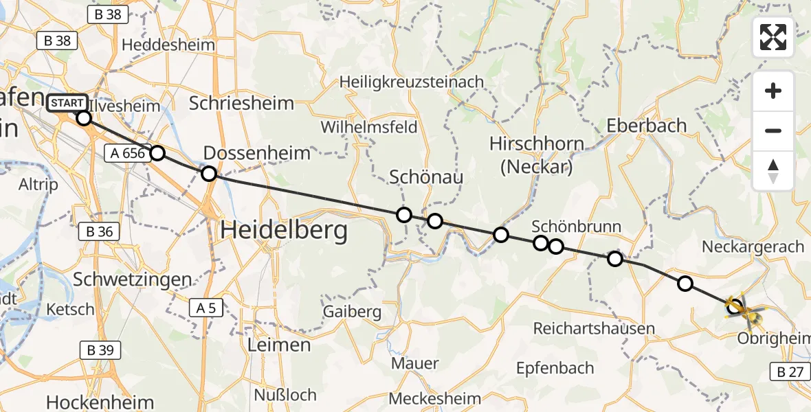 Flugroute Rettungshubschrauber Mannheim-City Flughafen - Binau, 11 September 2026, 07:08