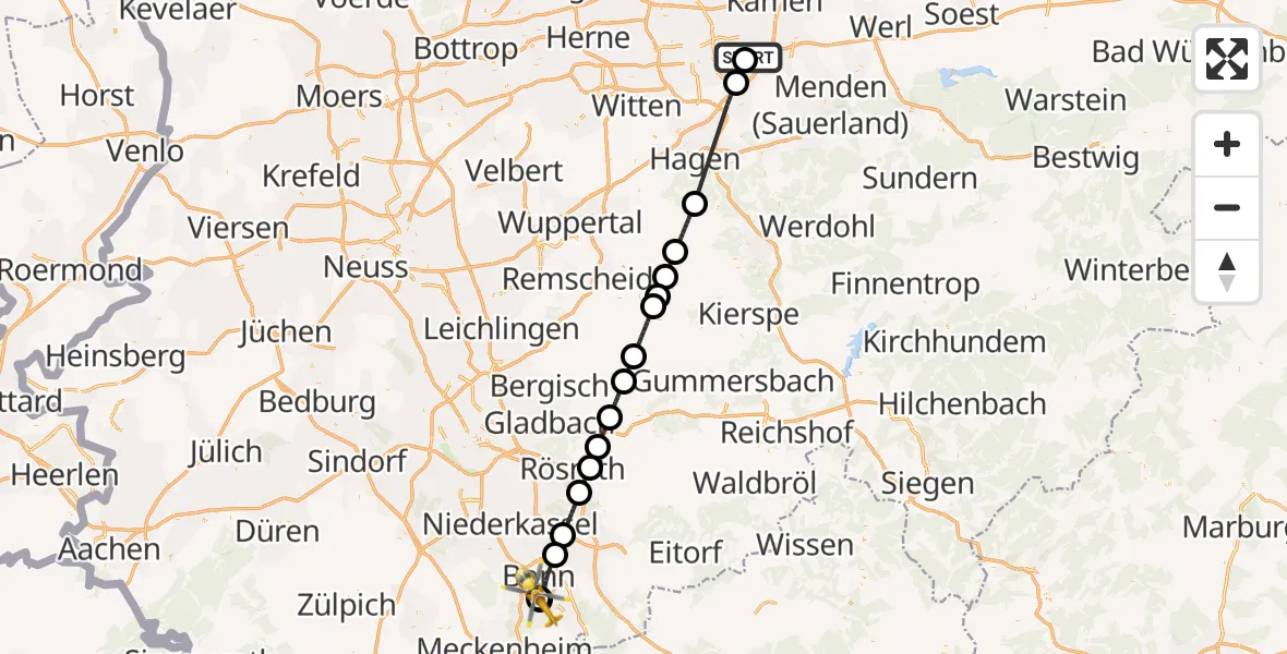 Flugroute Rettungshubschrauber Dortmund Flughafen - Bonn University Hospital, 11 September 2026, 07:17