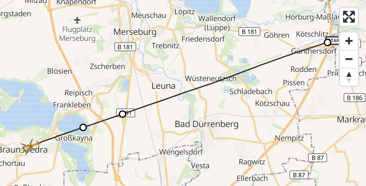 Flugroute Rettungshubschrauber ADAC Air Rescue Station Leipzig/Schkeuditz-Dölzig Hubschrauberlandeplatz (Christoph 61) - Braunsbedra, 11 September 2026, 07:59
