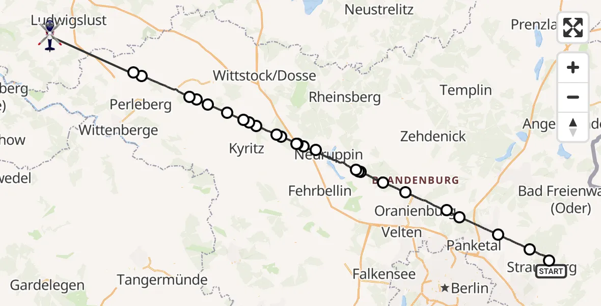 Flugroute Polizeihubschrauber Strausberg - Ludwigslust, 11 September 2026, 08:09